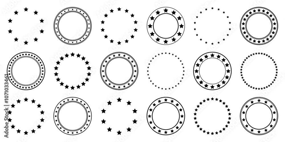 Stars of various sizes arranged in a circle. Round frame, border. Black star shape, simple symbol. Vintage logo, logotype design element, ornament. Vector illustration Stars of various sizes arranged in a circle. Round frame, border. Black star shape, simple symbol. Vintage logo, logotype design element, ornament. Vector illustration