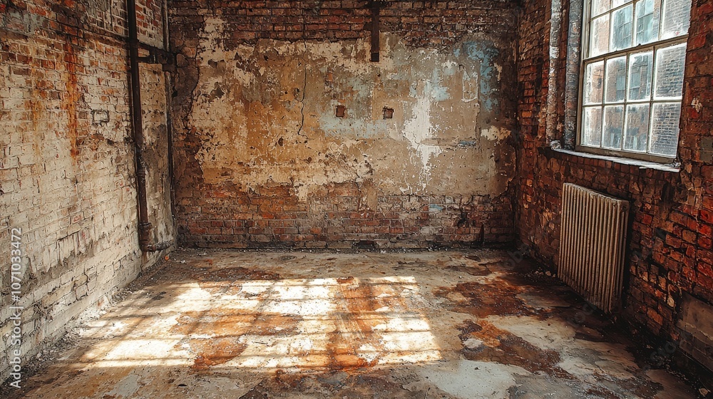 An empty, weathered room with exposed brick and sunlight filtering through a window. An empty, weathered room with exposed brick and sunlight filtering through a window.