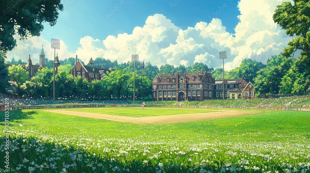 Obraz premium A baseball field with a school building in the background, on a sunny day with a lush green field and white flowers in the foreground.
