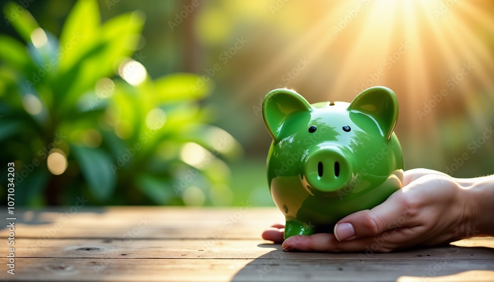 Fototapeta premium A green piggy bank is held on a wooden table, illuminated by warm sunlight with lush plants in the background, symbolizing savings and financial growth.