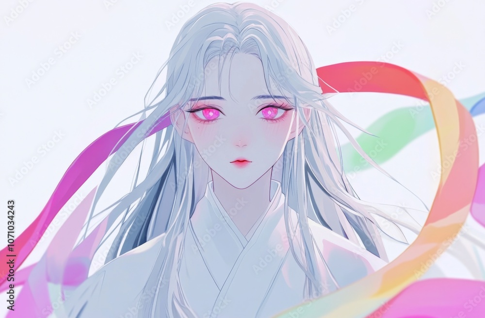 Anime-style digital illustration of a young woman with long silver hair and pink eyes, wearing white robes with colorful ribbons flowing like iridescent clouds