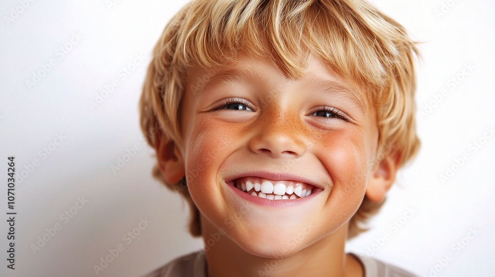 Cheerful Young Boy Smiling Joyfully Against White Background Cheerful Young Boy Smiling Joyfully Against White Background