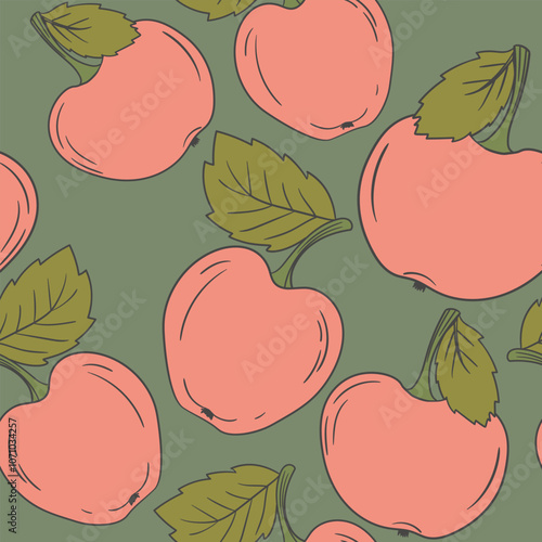 Seamless pattern with apple on color background. Natural delicious fresh ripe tasty fruit. Vector illustration for print, fabric, textile, banner, design. Stylized apples with leaves. Food concept