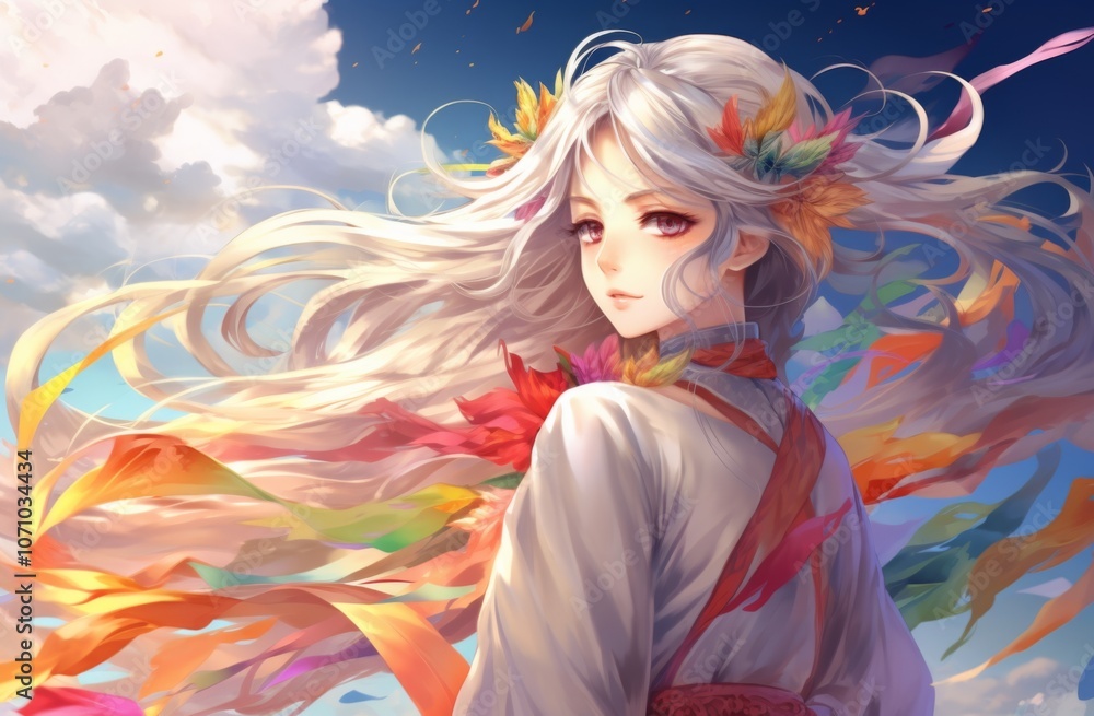 Anime-style digital illustration of a young woman with long silver hair and pink eyes, wearing white robes with colorful ribbons flowing like iridescent clouds Anime-style digital illustration of a young woman with long silver hair and pink eyes, wearing white robes with colorful ribbons flowing like iridescent clouds