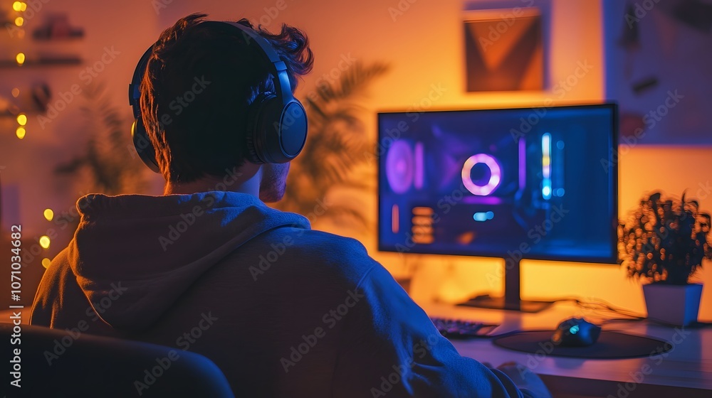 A man with headphones on sitting at a desk in front of computer A man with headphones on sitting at a desk in front of computer