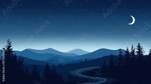  A picture of a dark forest at night with a road running through it, and the moon shining brightly in the sky between the mountain peaks