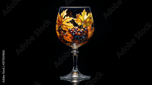 A clear glass with a delicate stem and base is decorated with gold painted grape leaves and grapes, and sits on a black background photo