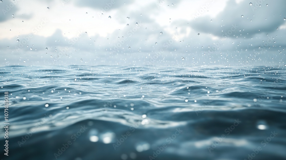Serene ocean surface with raindrops creating ripples, capturing a tranquil moment in nature. Serene ocean surface with raindrops creating ripples, capturing a tranquil moment in nature.