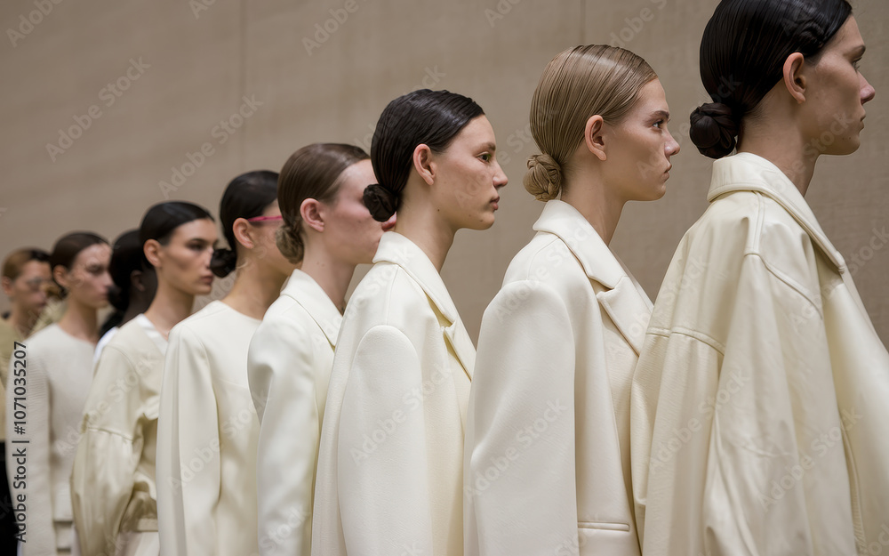 Group of fashion models in matching cream outfits with sleek hairstyles, standing in line showcasing minimalist elegance in a contemporary setting Group of fashion models in matching cream outfits with sleek hairstyles, standing in line showcasing minimalist elegance in a contemporary setting