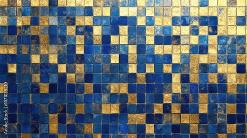 A vibrant mosaic of blue and gold tiles, creating a stunning visual effect. photo