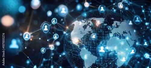 A digital globe with icons of people connecting across the world, surrounded by code and data streams in shades of blue Generative AI