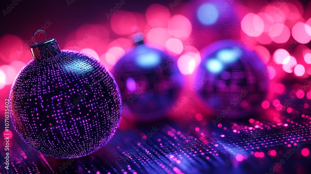 Obraz premium Christmas baubles glowing with neon purple and pink hues, suspended in futuristic holographic light beams, surrounded by tech-inspired patterns, Neon, 3D art