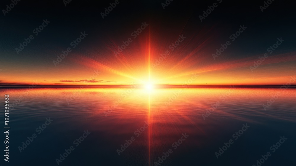 Naklejka premium A stunning sunrise illuminates the horizon over a calm ocean, casting warm orange and gold hues across the sky.