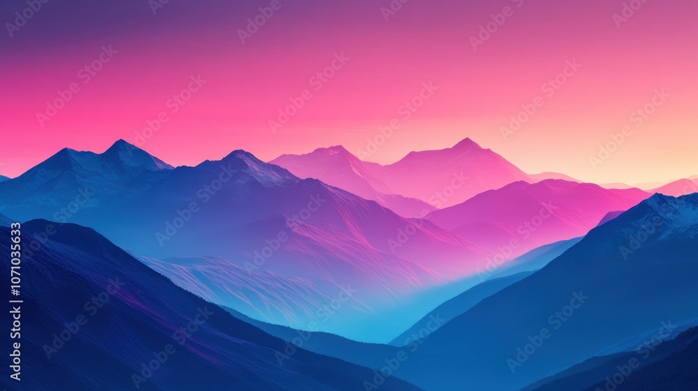 Fototapeta premium Stunning sunset over a mountain range, showcasing vibrant pinks and purples illuminating the peaks.
