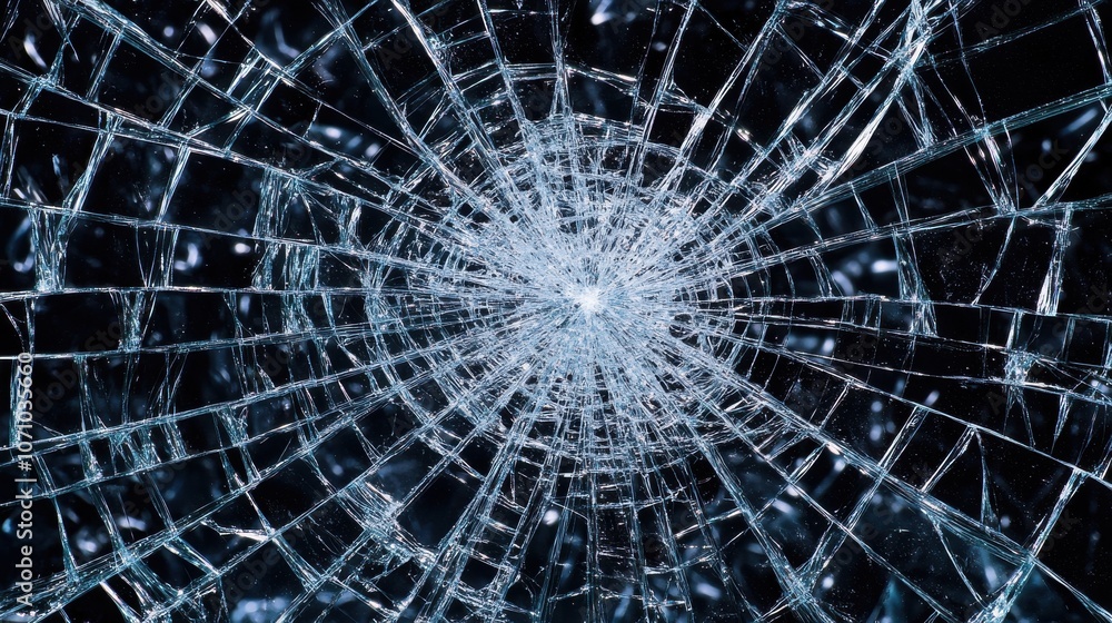 Fototapeta premium Close-up of a shattered glass surface displaying intricate, spiderweb-like patterns in shades of blue and black.