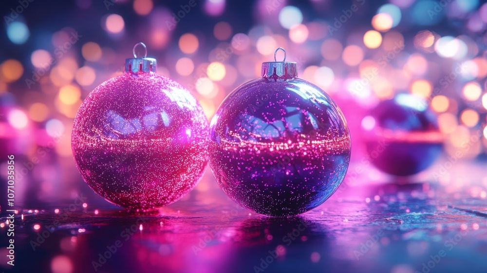 Fototapeta premium Close-up of neon Christmas baubles glowing in bright pinks and purples, surrounded by futuristic holographic lights and shimmering high-tech illumination
