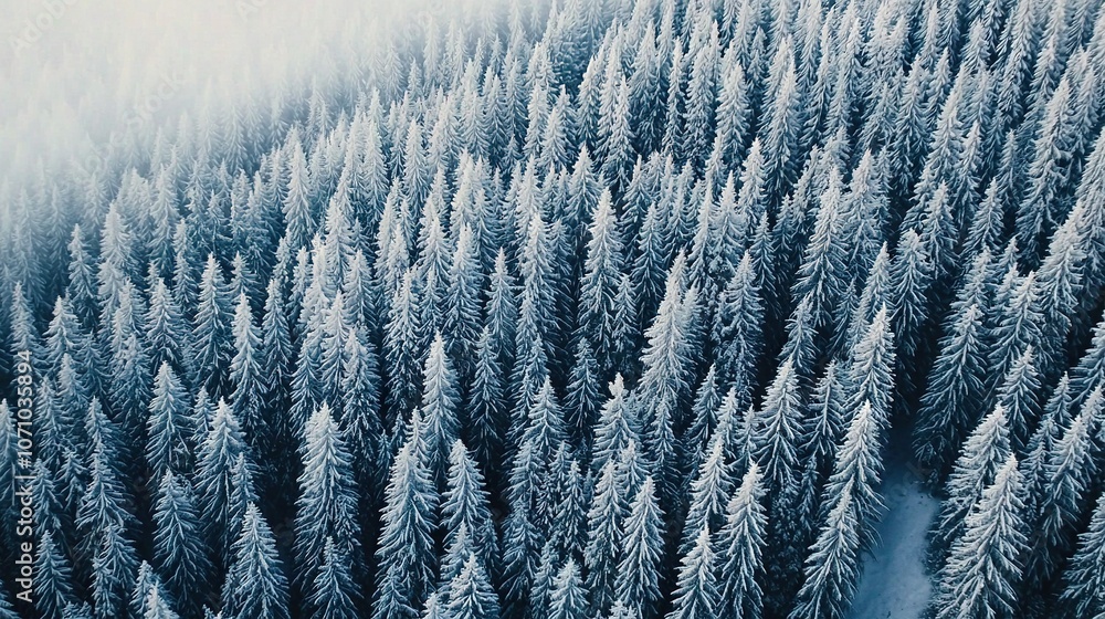 A grove of towering, slender evergreen trees adorned in snowflakes borders a dense woodland A grove of towering, slender evergreen trees adorned in snowflakes borders a dense woodland