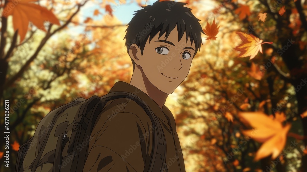 Anime-style profile of a man with short black hair and gray eyes, wearing casual clothes and a backpack. Set against an autumn background with orange leaves falling, the warm colors and soft lighting Anime-style profile of a man with short black hair and gray eyes, wearing casual clothes and a backpack. Set against an autumn background with orange leaves falling, the warm colors and soft lighting