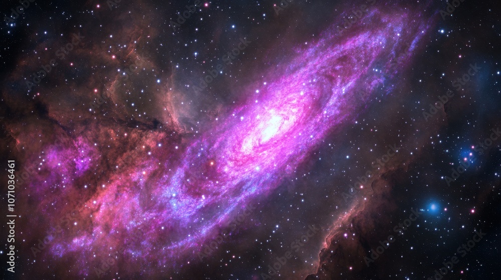 Obraz premium A breathtaking view of a vibrant spiral galaxy illuminated in shades of pink and blue against the dark cosmos.