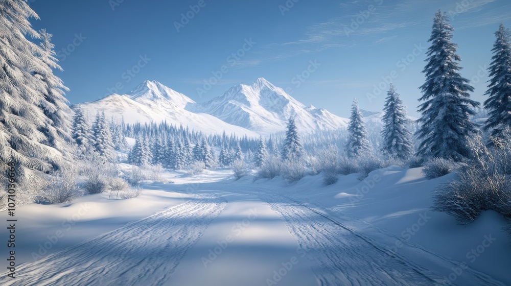 Fototapeta premium A serene winter landscape featuring snow-covered mountains and tall, frosted pine trees against a clear blue sky.