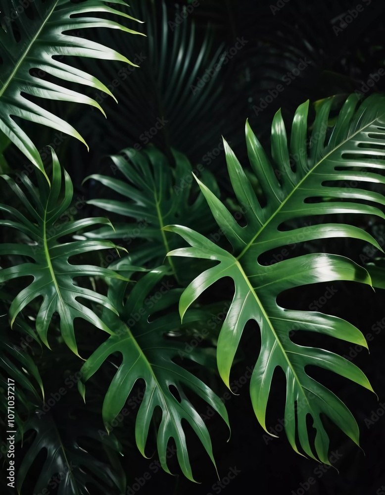 Fototapeta premium Vibrant Monstera leaves hang gracefully, bathed in soft sunlight filtering through the canopy of a tropical rainforest, creating a serene atmosphere. Generative AI