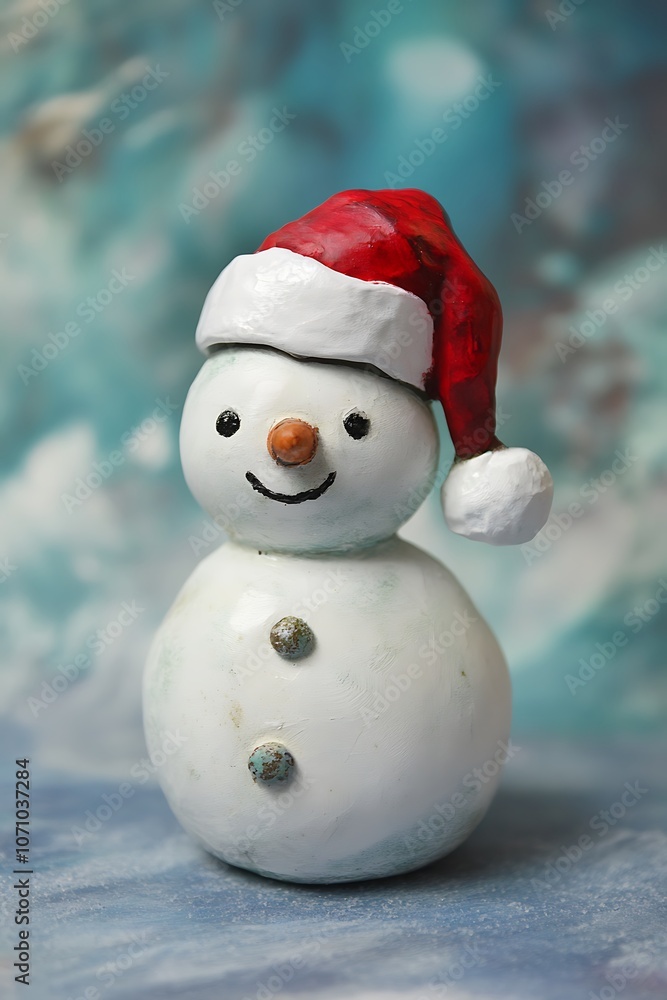 Miniature snowman in a Santa hat with a holiday background