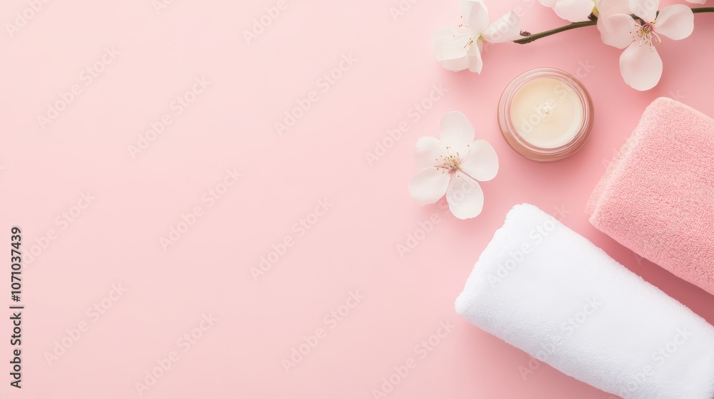 Stylish bathroom vanity setup with pink decor and skincare products Stylish bathroom vanity setup with pink decor and skincare products