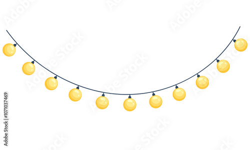 Christmas lights in flat style. Festive Christmas decoration with light bulbs. Glowing garland of light bulbs. Vector garland with colorful light bulbs, hand drawn