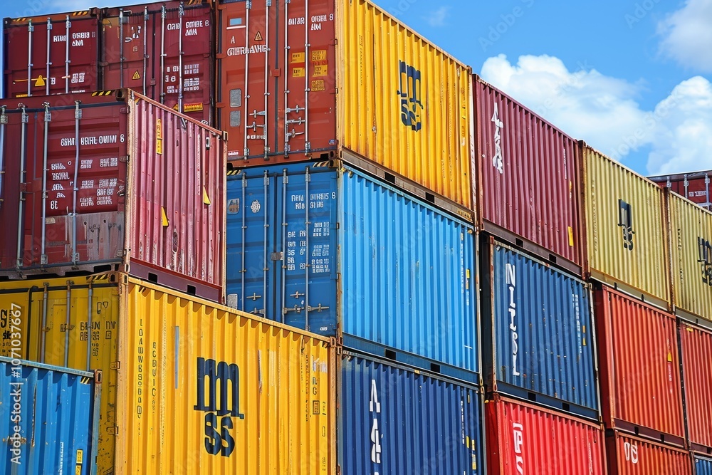 Fototapeta premium Colorful shipping containers stacked in a busy port under a clear blue sky during daylight hours
