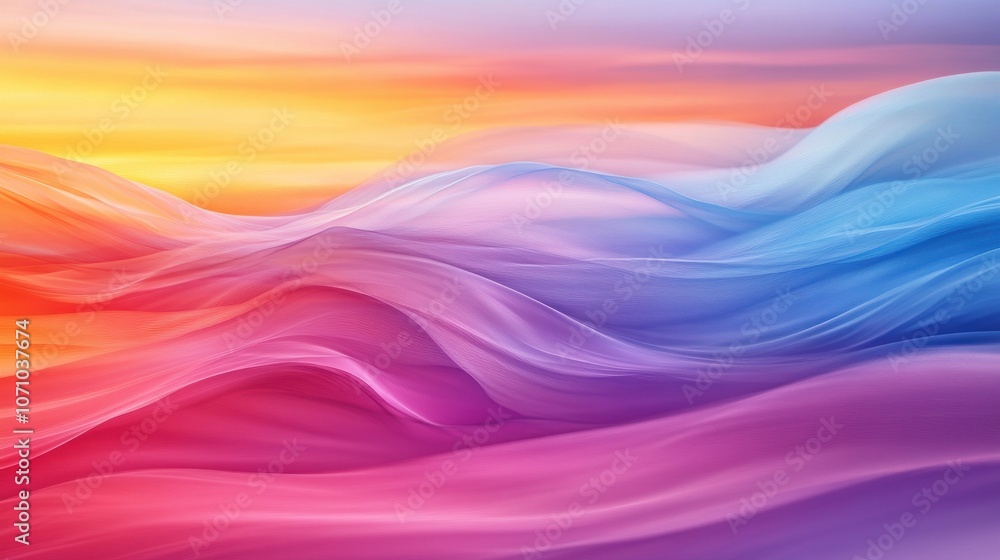 A vibrant abstract landscape with flowing waves in shades of orange, pink, and blue, evoking a serene and dreamy atmosphere.