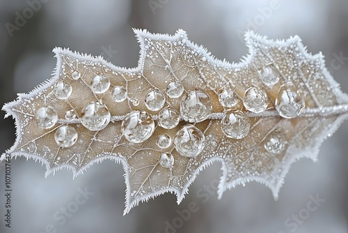 Close-up of a frosted leaf showcasing intricate ice crystals and dew droplets, creating a beautiful contrast of textures and tones in a serene winter setting.