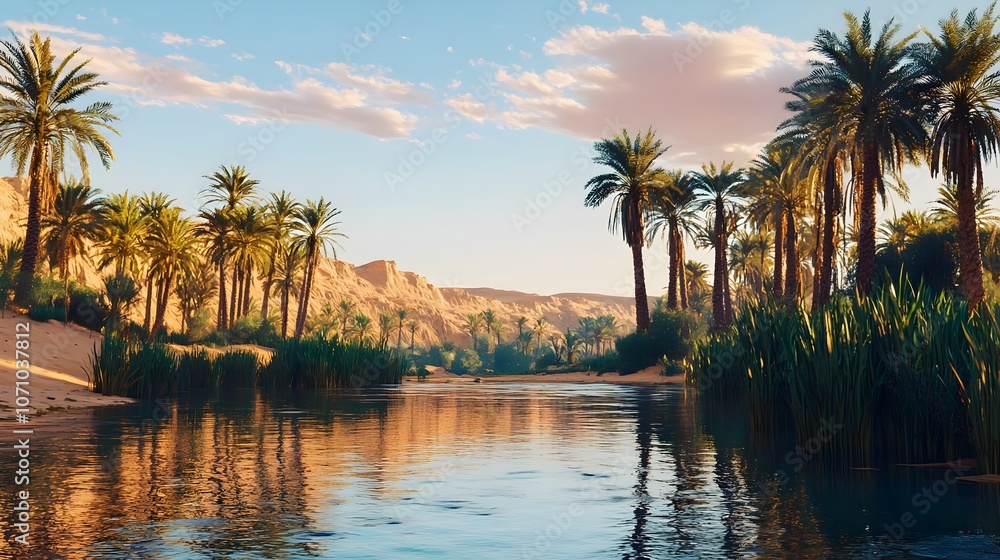 Obraz premium Scenic Desert Oasis with Palm Trees at Sunset