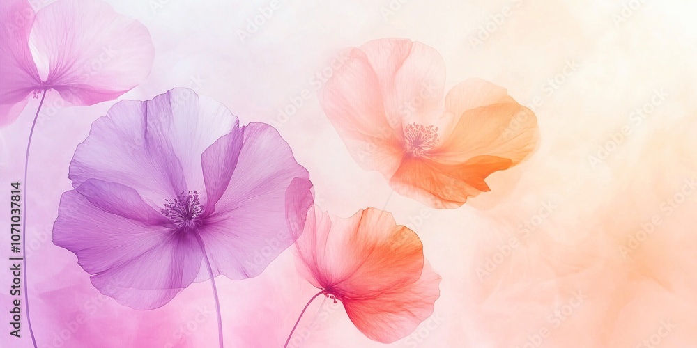 A painting of flowers with pink and orange petals. The flowers are in the air and are surrounded by a white background A painting of flowers with pink and orange petals. The flowers are in the air and are surrounded by a white background