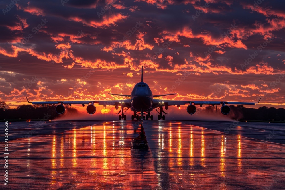 A striking sunset illuminates an airplane on the tarmac at an airport, creating a dramatic reflection on the wet runway A striking sunset illuminates an airplane on the tarmac at an airport, creating a dramatic reflection on the wet runway
