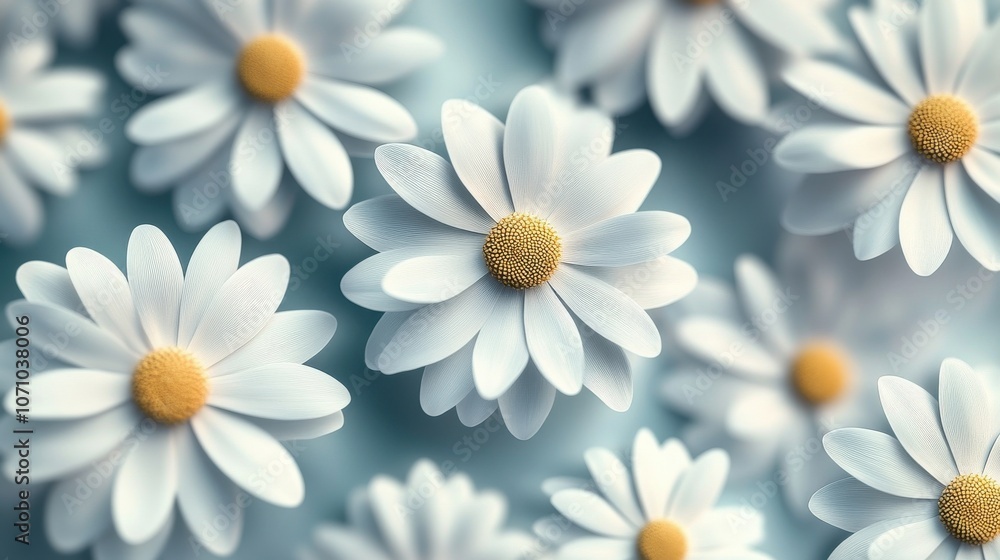 Fototapeta premium A beautiful array of white daisies set against a soft blue background, creating a serene and refreshing atmosphere.