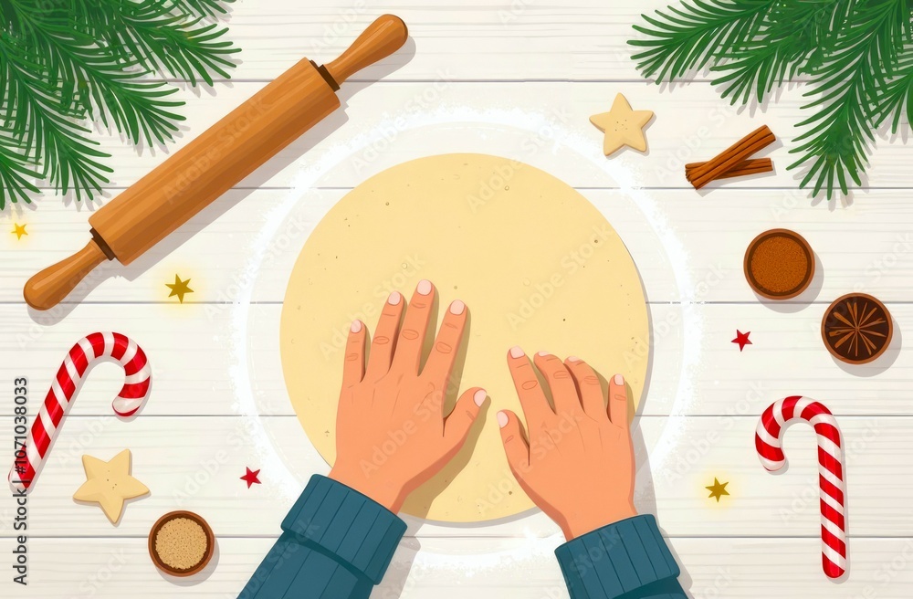 Obraz premium Cooking Christmas baking at home. Hands making cookies from rolled out dough on a white wooden table, festive decorative elements. Top view