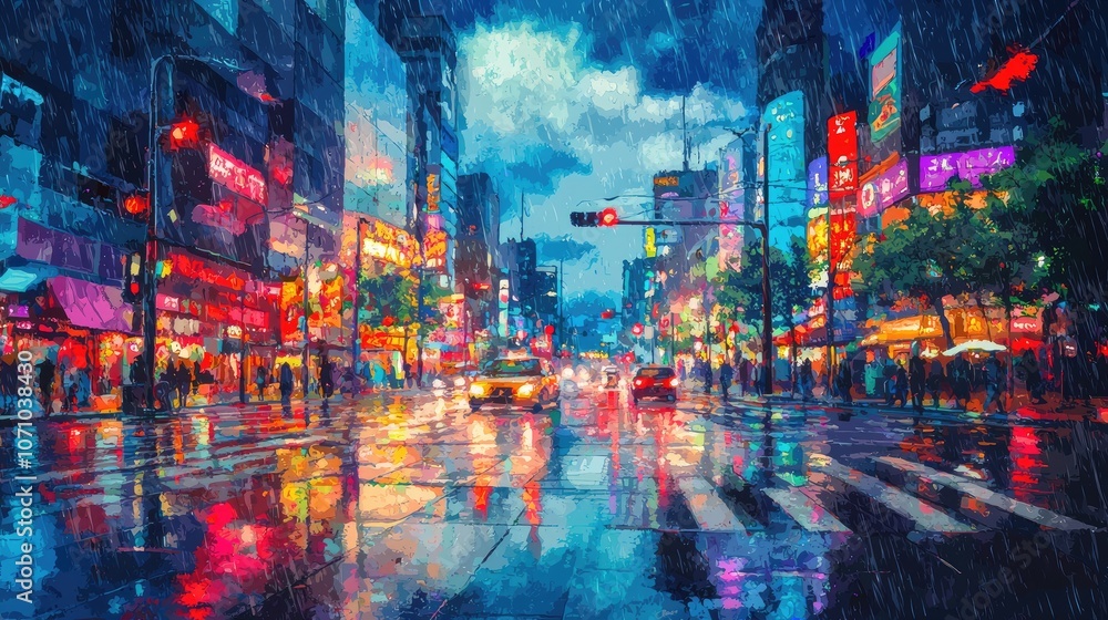 A bustling city street at night with neon signs, rain, and reflections in the wet pavement. A bustling city street at night with neon signs, rain, and reflections in the wet pavement.