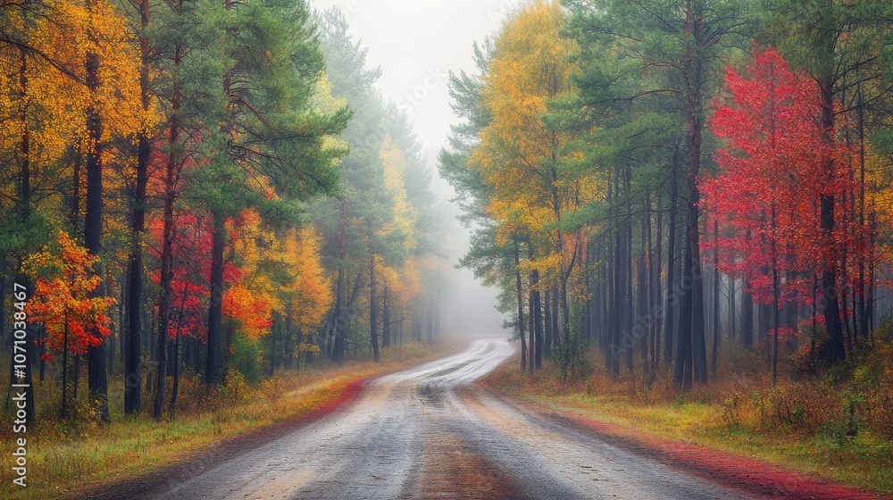 Fototapeta premium A winding road through a misty forest filled with vibrant autumn colors, creating a serene and enchanting atmosphere.