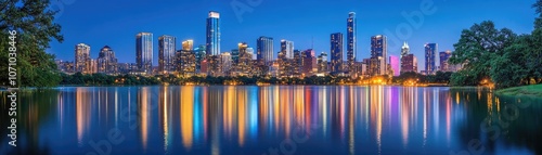 Stunning Panoramic View of a Vibrant City Skyline Reflecting on Calm Waters at Dusk