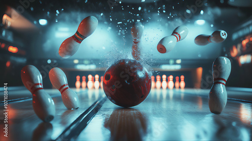 Bowling ball alley. Bowling ball pin strike photo