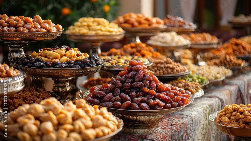 Obraz premium Vibrant display of assorted dried fruits and nuts on elaborate trays
