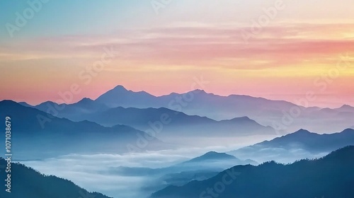  A mountain range viewed from afar with a pink and blue sky in the background and clouds in the foreground