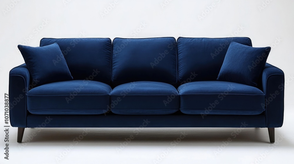 Fototapeta premium Elegant Modern Blue Velvet Sofa with Cushions on Minimalist Background for Interior Design Inspiration