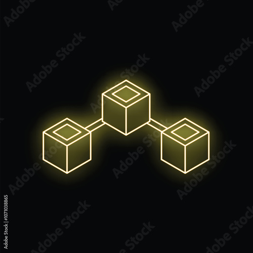 Glowing yellow cubes are connecting with lines forming a blockchain network on a dark background