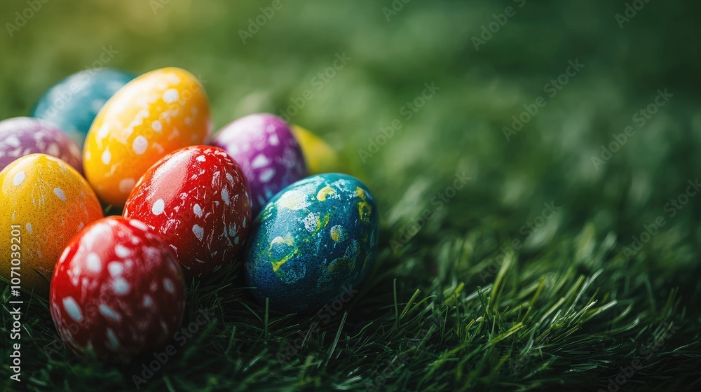 Fototapeta premium Vibrant easter eggs arranged on green grass background