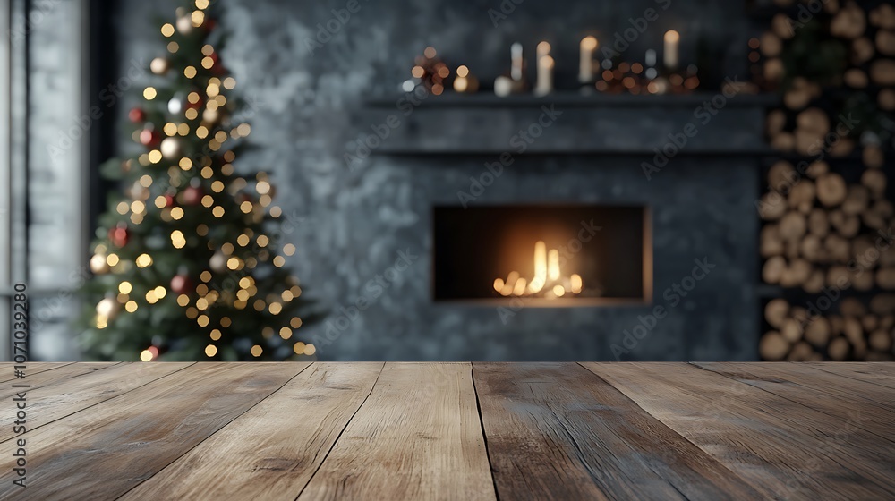 A Christmas tree paired with a warm fireplace in the background, offering an empty wooden table space for creativity.