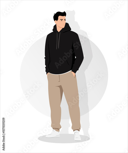 Vector illustration. A man wearing black skinny jeans and light beige pants demonstrates a minimalist yet stylish look that is suitable for any casual occasion.