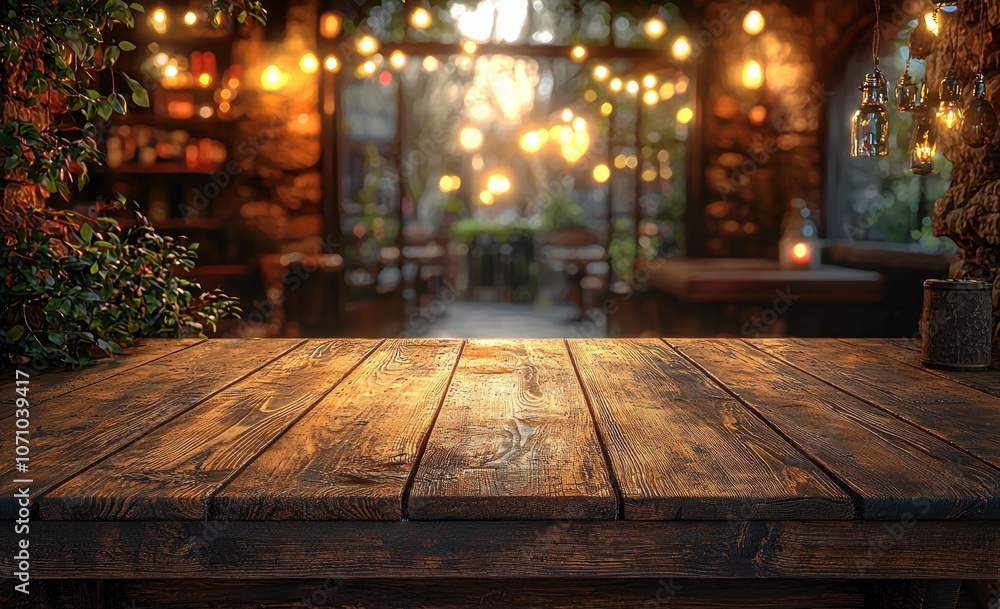 Wooden Tabletop with Blurred Warm Lights and Green Foliage Background Wooden Tabletop with Blurred Warm Lights and Green Foliage Background