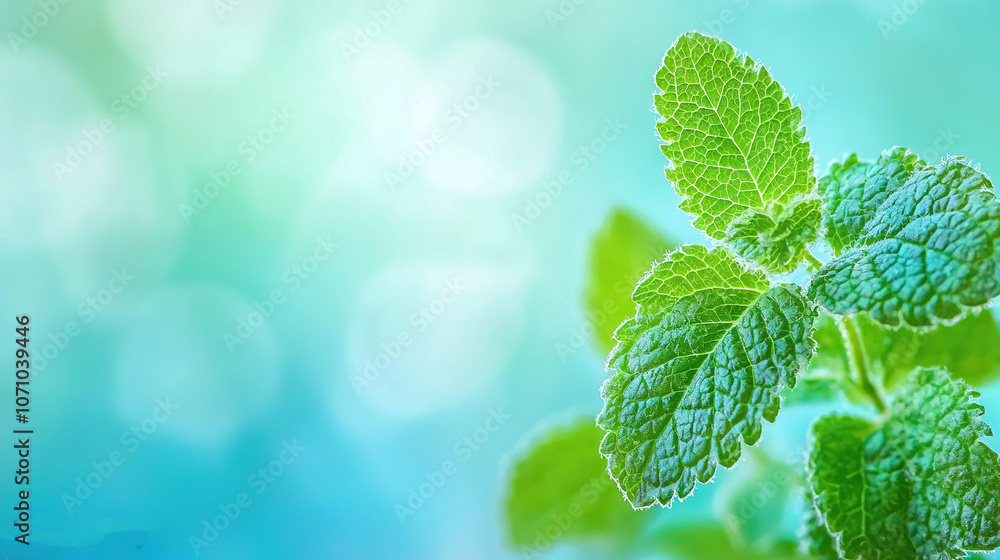 Close-up photo of a green leaf against a blue and green bokeh background with blurry edges Close-up photo of a green leaf against a blue and green bokeh background with blurry edges