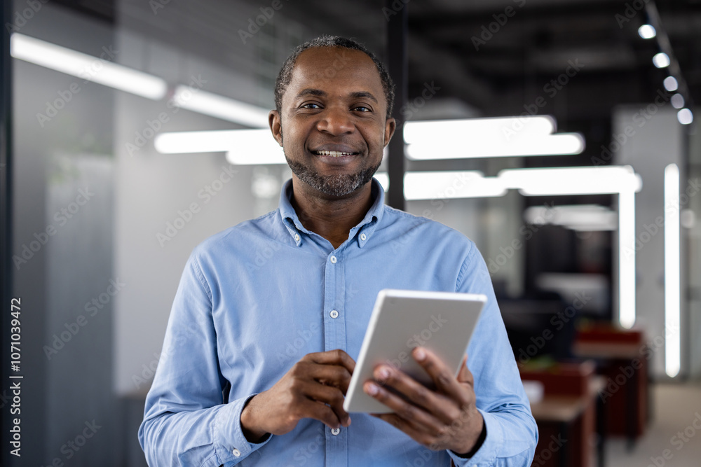 Mature african american businessman using digital tablet in modern office. Confident expression, business professionalism, and technology highlight his expertise. Ideal for business or tech themes. Mature african american businessman using digital tablet in modern office. Confident expression, business professionalism, and technology highlight his expertise. Ideal for business or tech themes.
